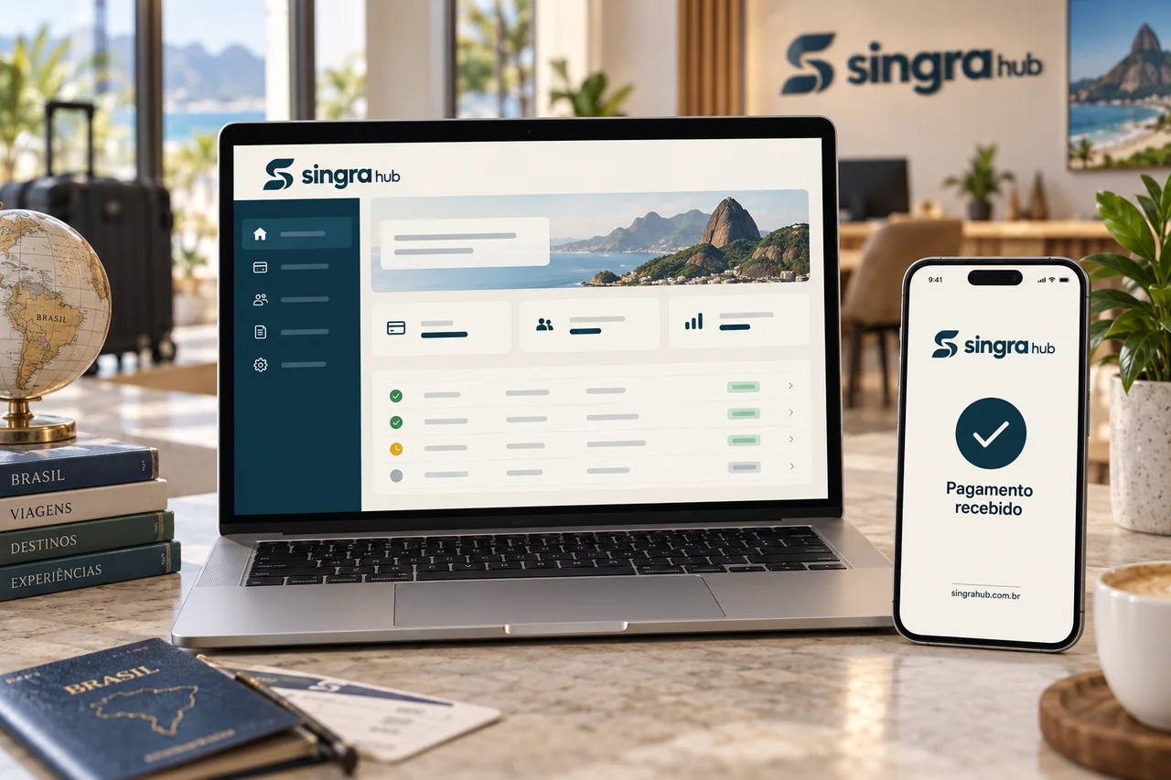 Aplicação conceitual da Singra Hub em notebook e celular