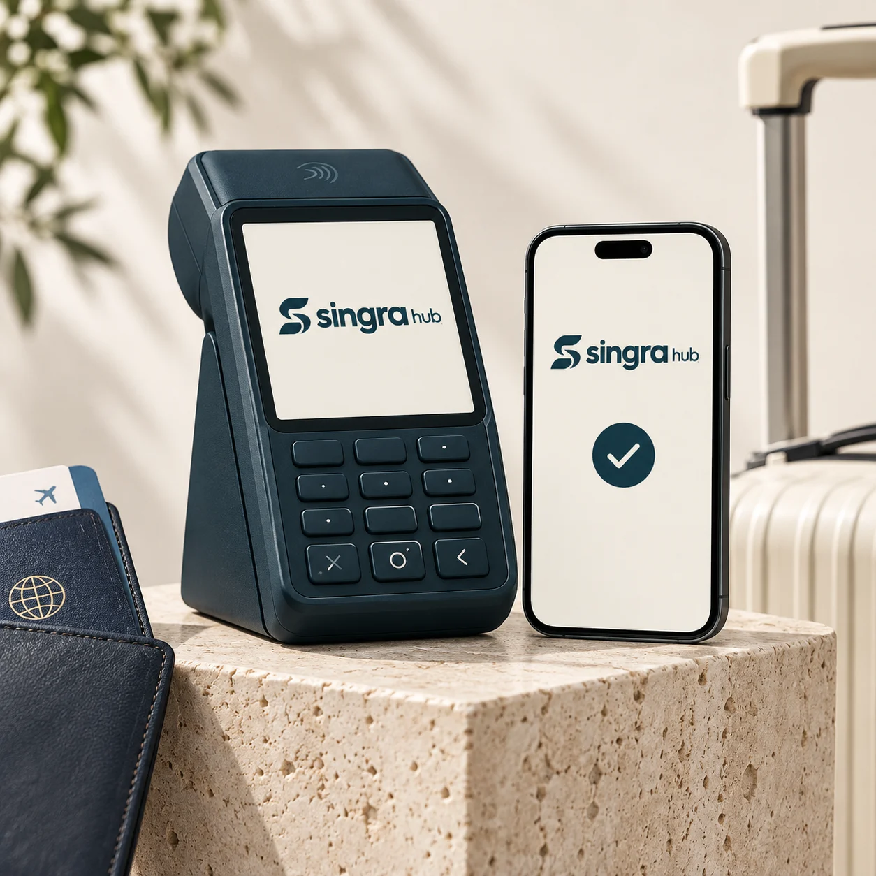 Conceito de maquininha e celular Singra Hub em um ambiente de viagem